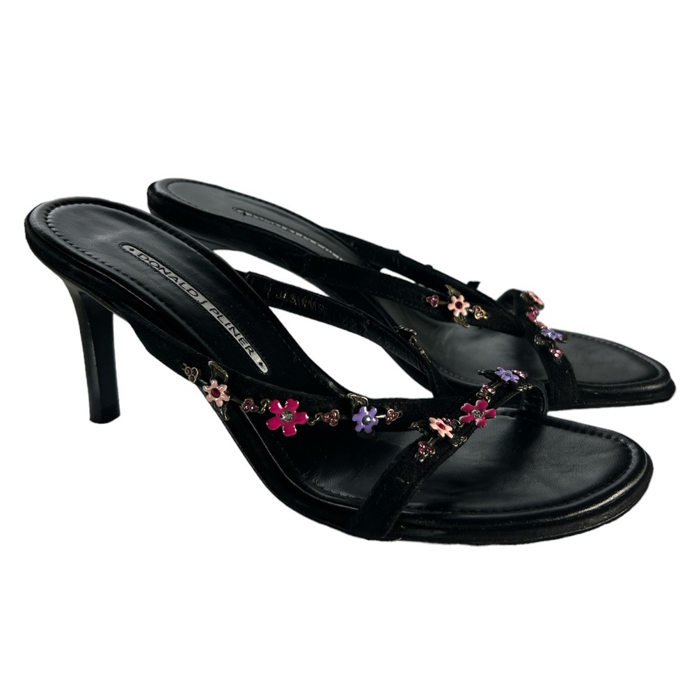 Donald J Pliner Jasmin metal enameled floral rhinestone embellished mules sz 6.5